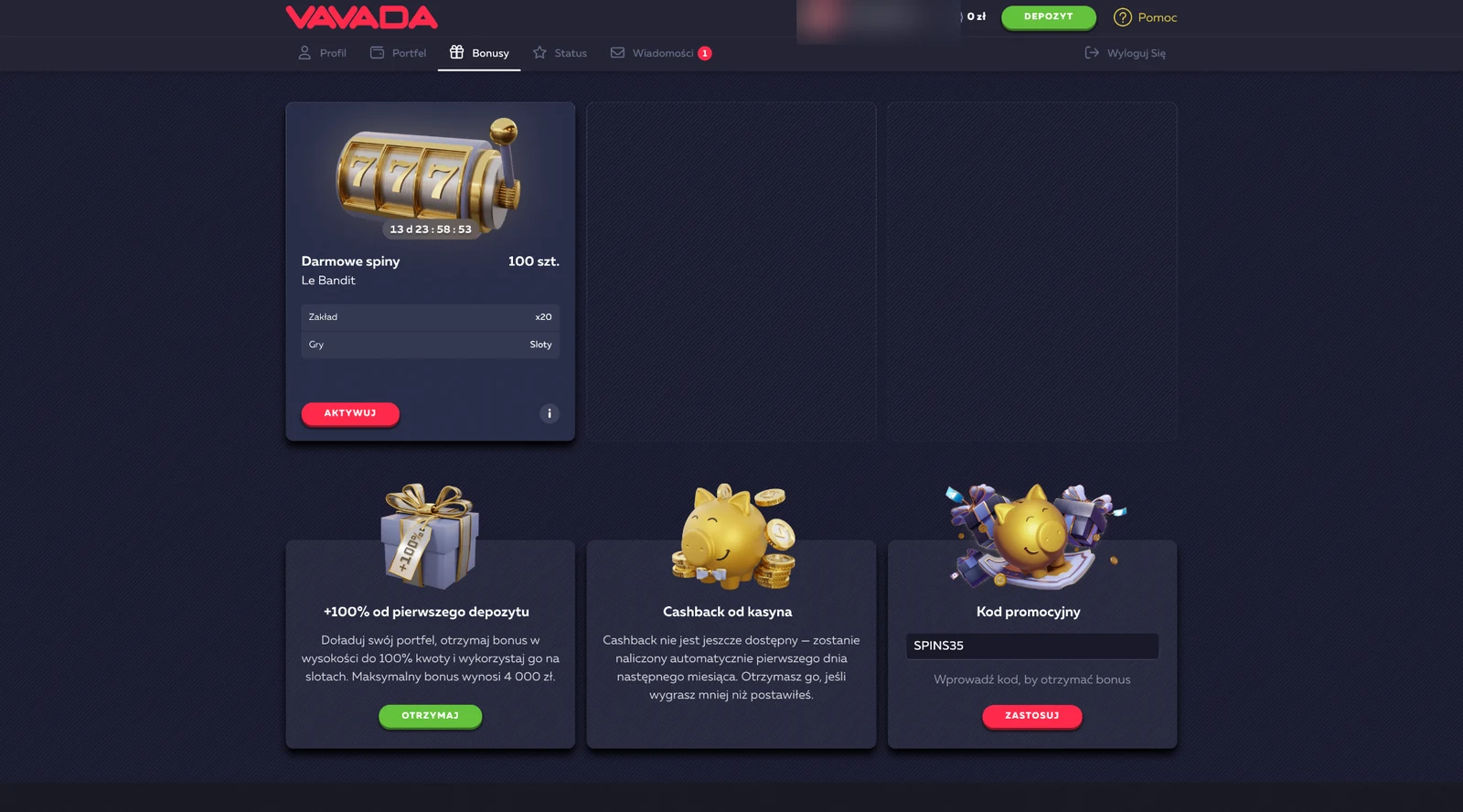 Kod SPINS35 wpisany w polu Kod promocyjny w sekcji Bonusy Vavada
