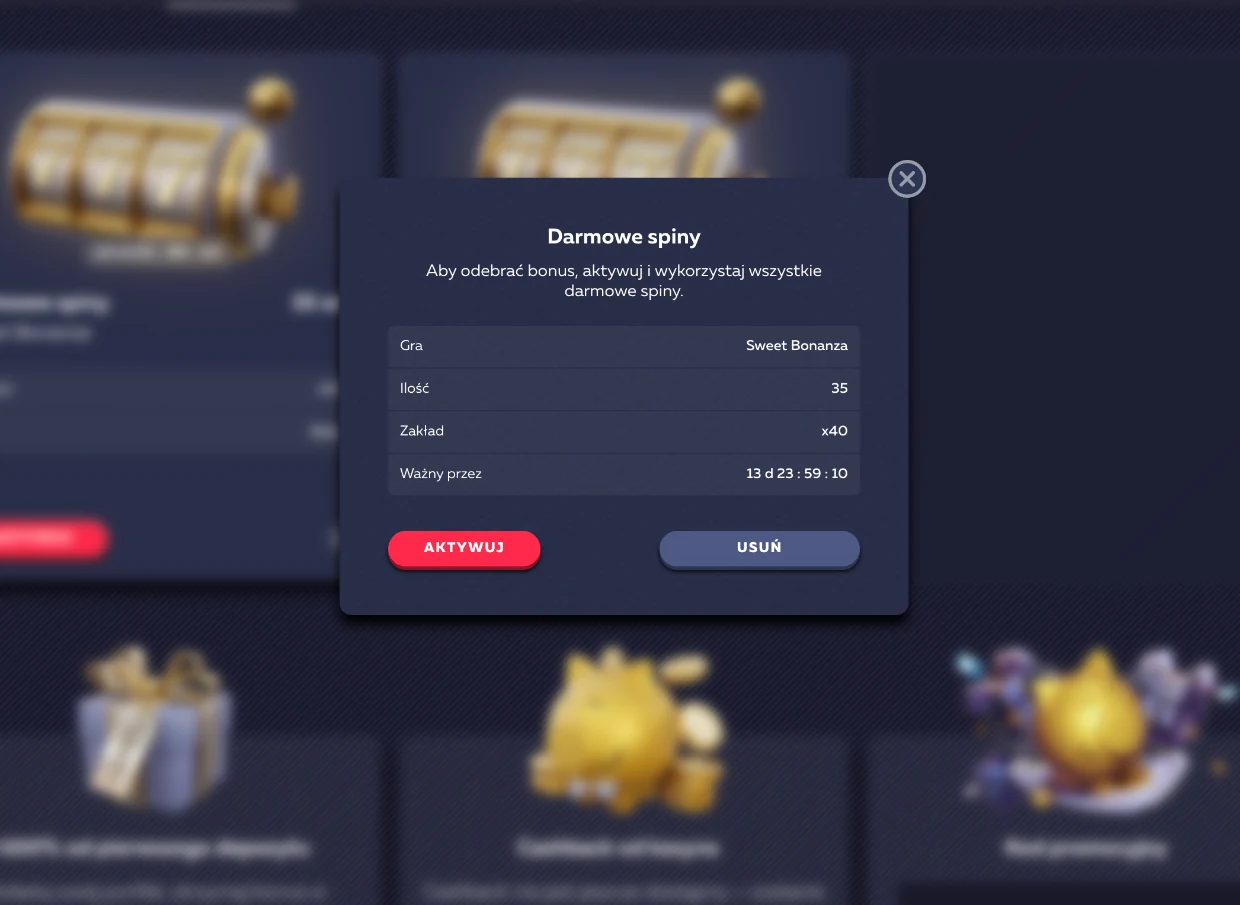 Warunki SPINS35: 35 spinów w Sweet Bonanza, wager x40 i ważność około 14 dni