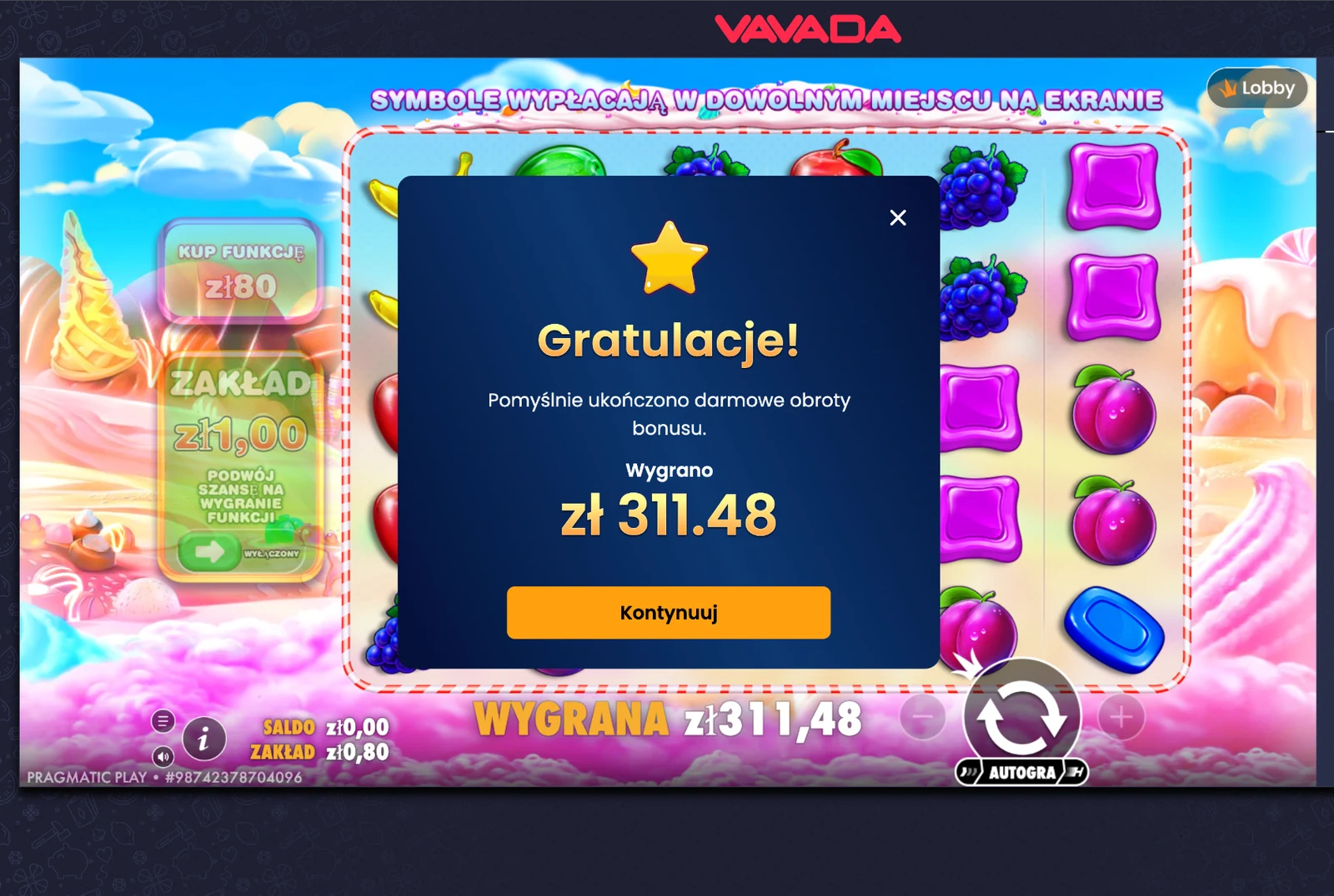 Końcowy wynik 35 darmowych spinów w Sweet Bonanza: 311,48 PLN